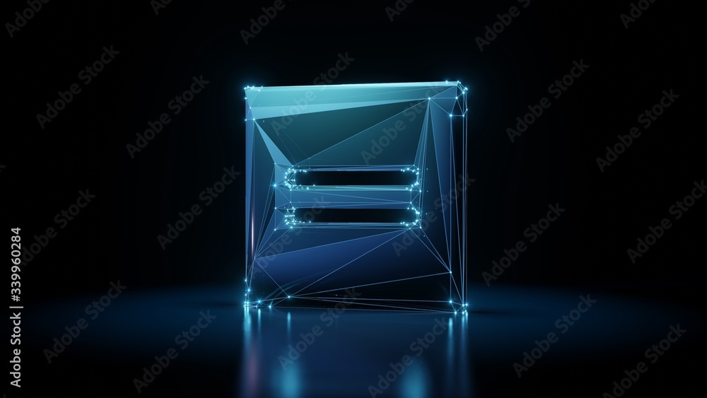 Poster 3d rendering wireframe neon glowing symbol of equal on black background with reflection