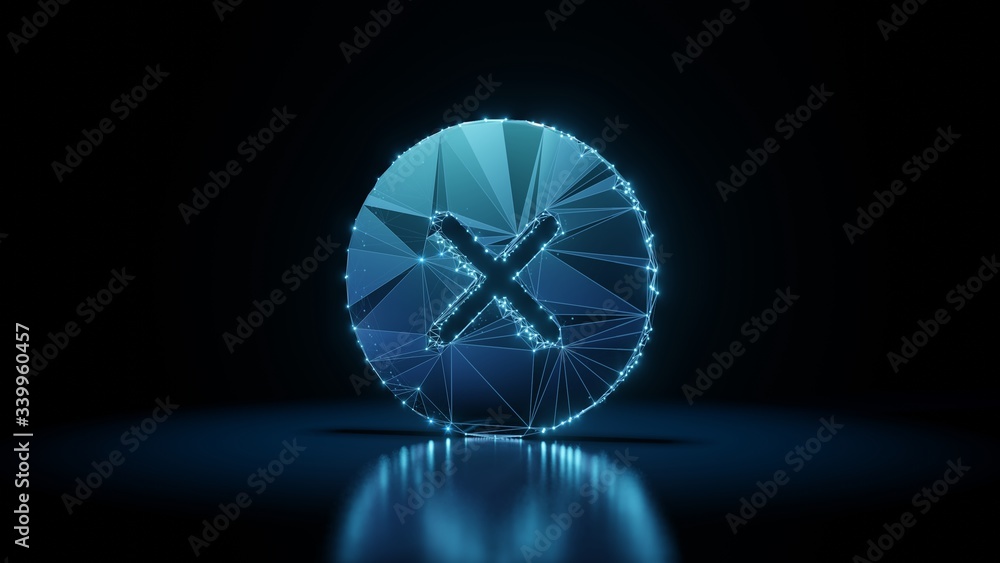 Poster 3d rendering wireframe neon glowing symbol of error on black background with reflection
