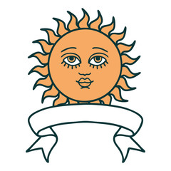 tattoo with banner of a sun with face