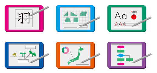 小学生の学習用タブレット端末のイラストセット。国語、算数、理科、社会、英語、プログラミング
