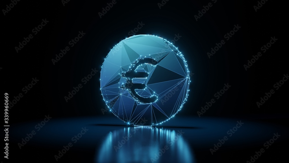 Poster 3d rendering wireframe neon glowing symbol of euro on black background with reflection