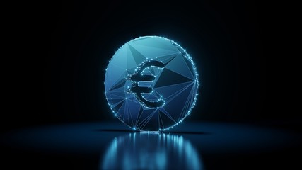 3d rendering wireframe neon glowing symbol of euro  on black background with reflection