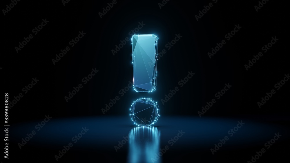 Aufkleber 3d rendering wireframe neon glowing symbol of exclamation on black background with reflection