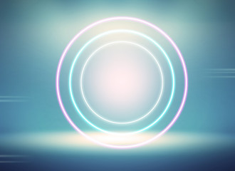 Blue abstract background blurred. red white green pink light neon round circle empty studio room. used for background and display your product