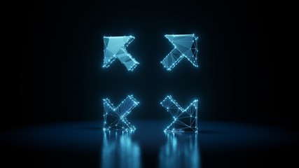 3d rendering wireframe neon glowing symbol of expand on black background with reflection