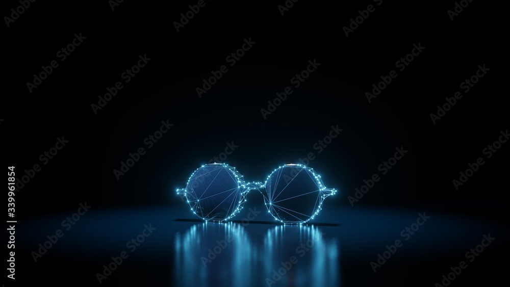 Poster 3d rendering wireframe neon glowing symbol of eyeglasses on black background with reflection