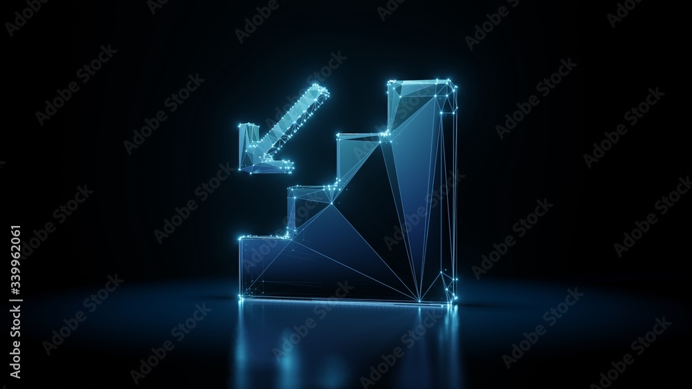 Poster 3d rendering wireframe neon glowing symbol of fallen on black background with reflection