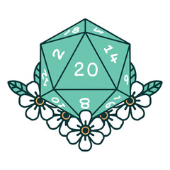 natural 20 D20 dice roll with floral elements illustration