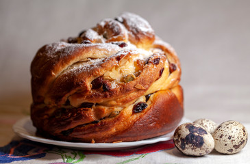 Tasty easter cake with quail eggs. Easter cake. Kulich cake. Traditional babka. Cake for celebration. Easter bakery concept 