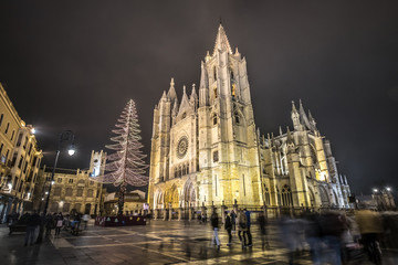 Fototapeta na wymiar Leon Gothic cathedral rainy night reflections in the water, christmas tree and lights, Castilla Leon Spain