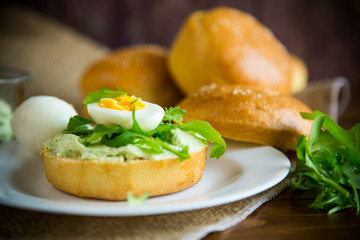 Homemade bun with cheese spread, fresh arugula and boiled egg in a plate