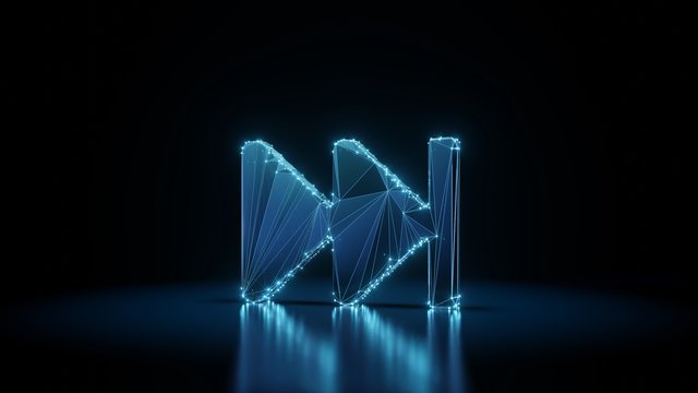 3d rendering wireframe neon glowing symbol of fast forward on black background with reflection
