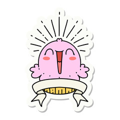 sticker of tattoo style happy singing cupcake