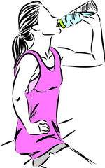 thirsty fitness woman drinking bottle of water vector illustration