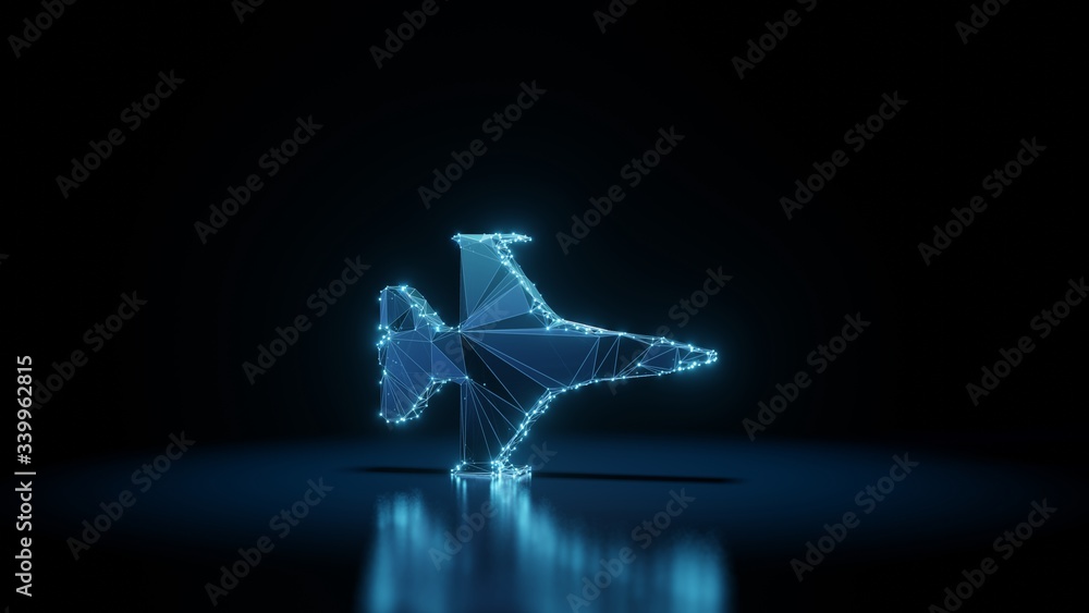 Poster 3d rendering wireframe neon glowing symbol of fighter jet on black background with reflection
