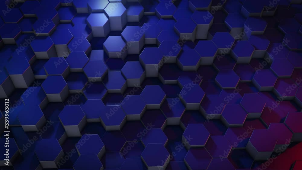 Poster an abstract hexagonal geometric surface cyclically moves in virtual space. chaotic vibrations of geo