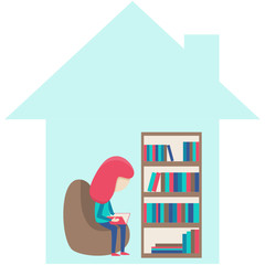 a girl is sitting on a couch and reading a book, woman read book at home, bookshelf