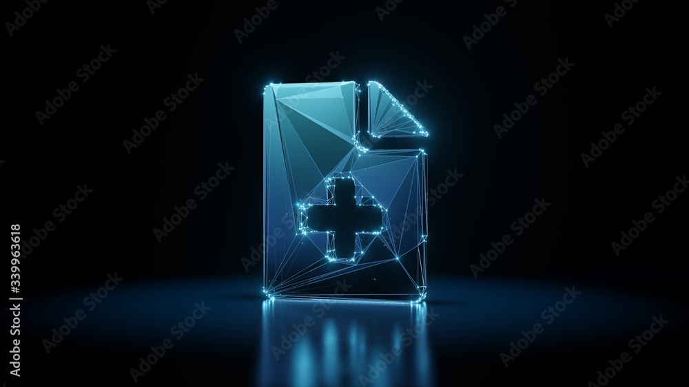 Aufkleber 3d rendering wireframe neon glowing symbol of file medical on black background with reflection