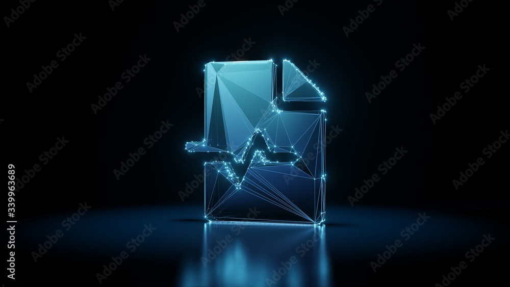 Poster 3d rendering wireframe neon glowing symbol of file medical on black background with reflection