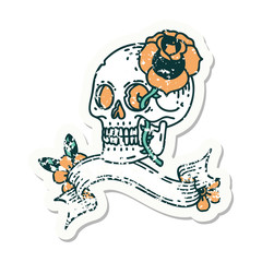 Naklejka premium grunge sticker with banner of a skull and rose