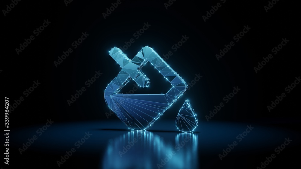 Poster 3d rendering wireframe neon glowing symbol of fill drip on black background with reflection