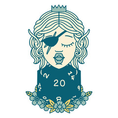 elf rogue character with natural twenty dice roll illustration