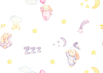 Watercolor hand painted seamless pattern with bunny, stars, moon, clouds. Baby pattern with animal on white background.
