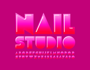 Vector luxury logo Nail Studio with Uppercase Font. Glossy Pink  Alphabet. Original glamour Letters and Numbers