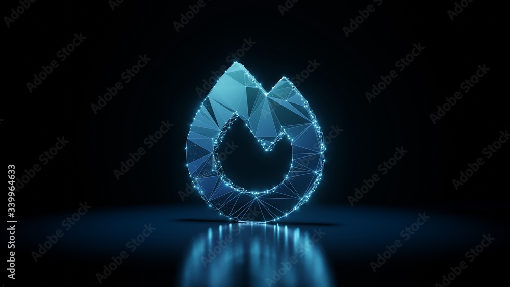 Aufkleber 3d rendering wireframe neon glowing symbol of fire on black background with reflection