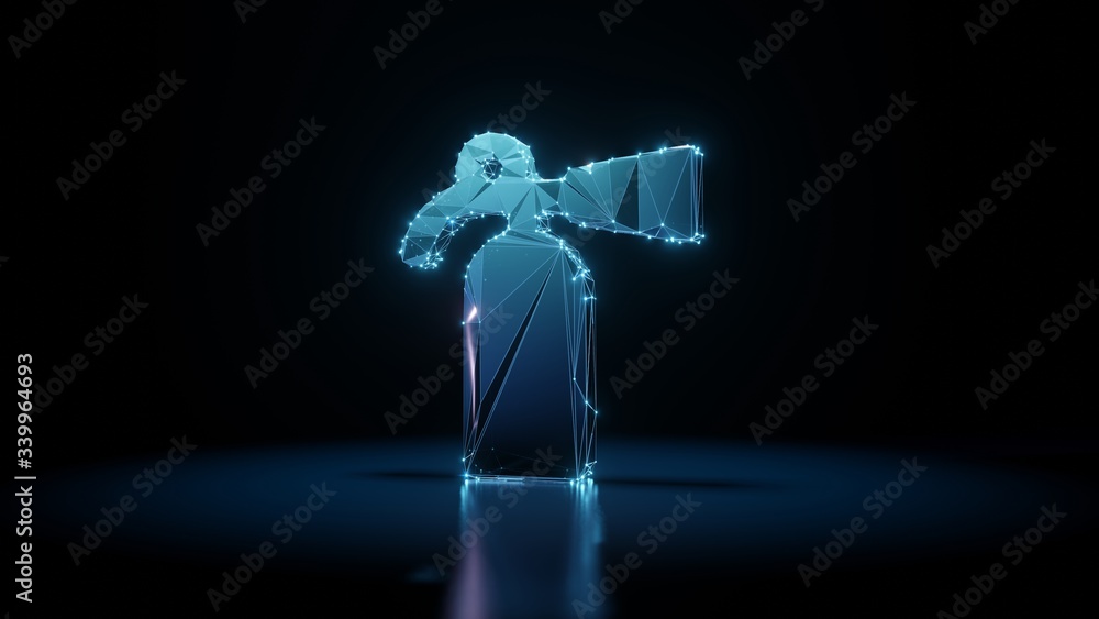 Aufkleber 3d rendering wireframe neon glowing symbol of fire extinguisher on black background with reflection