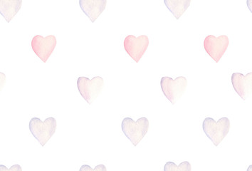 Watercolor seamless pattern with pink hearts pastel colors on white background.