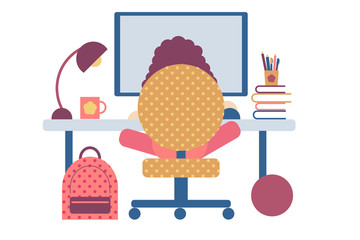 A vector illustration of a kid studying and doing his homework in his bedroom at home