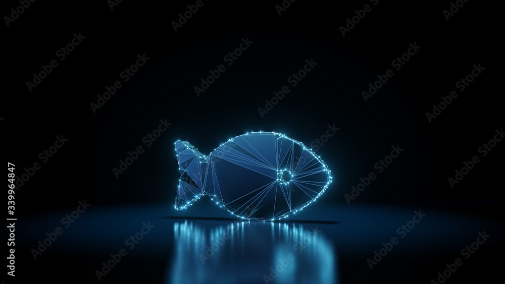 Poster 3d rendering wireframe neon glowing symbol of fish on black background with reflection