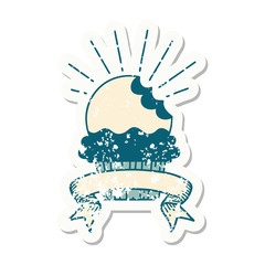 grunge sticker of tattoo style cupcake with missing bite