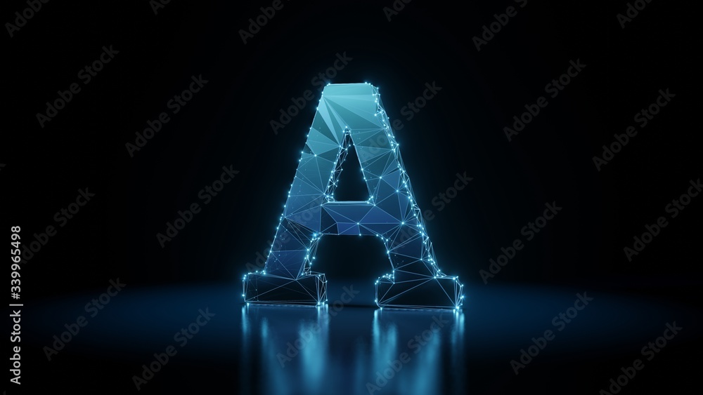 Poster 3d rendering wireframe neon glowing symbol of font on black background with reflection