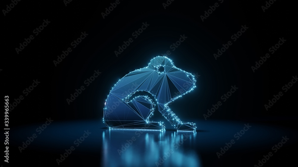 Poster 3d rendering wireframe neon glowing symbol of frog on black background with reflection
