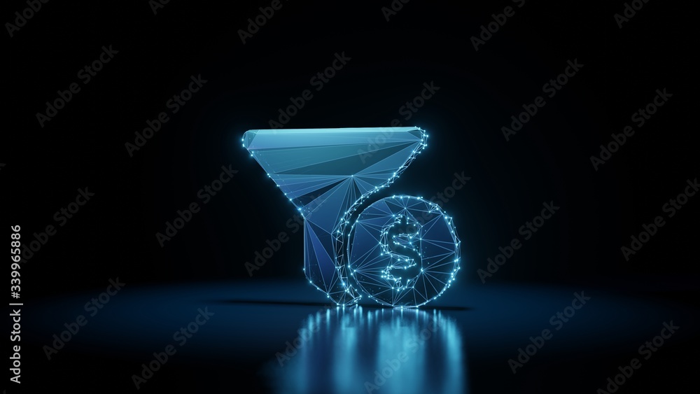 Poster 3d rendering wireframe neon glowing symbol of funnel dollar on black background with reflection