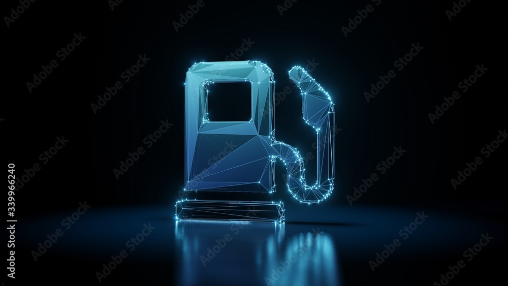 Poster 3d rendering wireframe neon glowing symbol of gas pump on black background with reflection