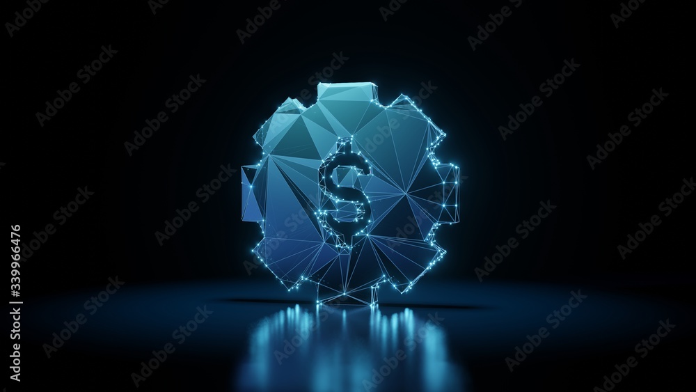 Poster 3d rendering wireframe neon glowing symbol of gear on black background with reflection