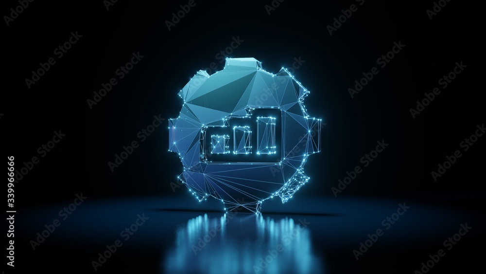 Poster 3d rendering wireframe neon glowing symbol of gear on black background with reflection