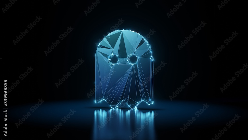 Poster 3d rendering wireframe neon glowing symbol of ghost on black background with reflection