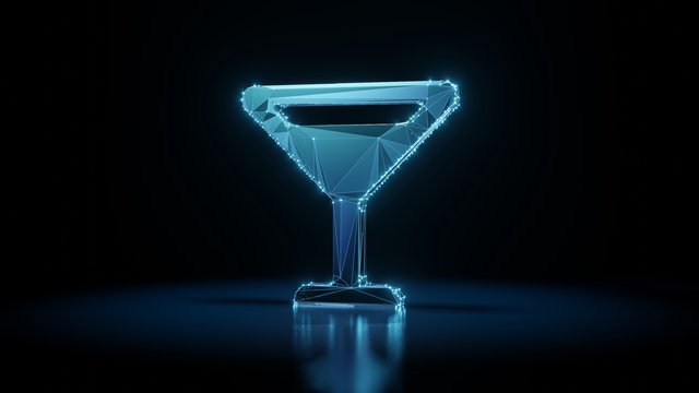 3d rendering wireframe neon glowing symbol of glass martini  on black background with reflection
