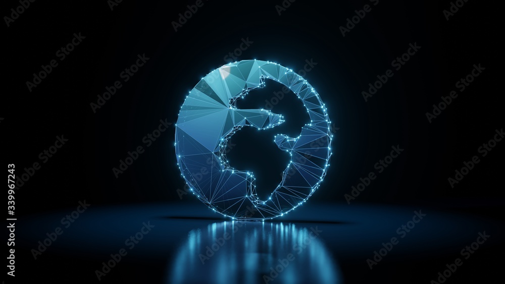 Poster 3d rendering wireframe neon glowing symbol of globe africa on black background with reflection