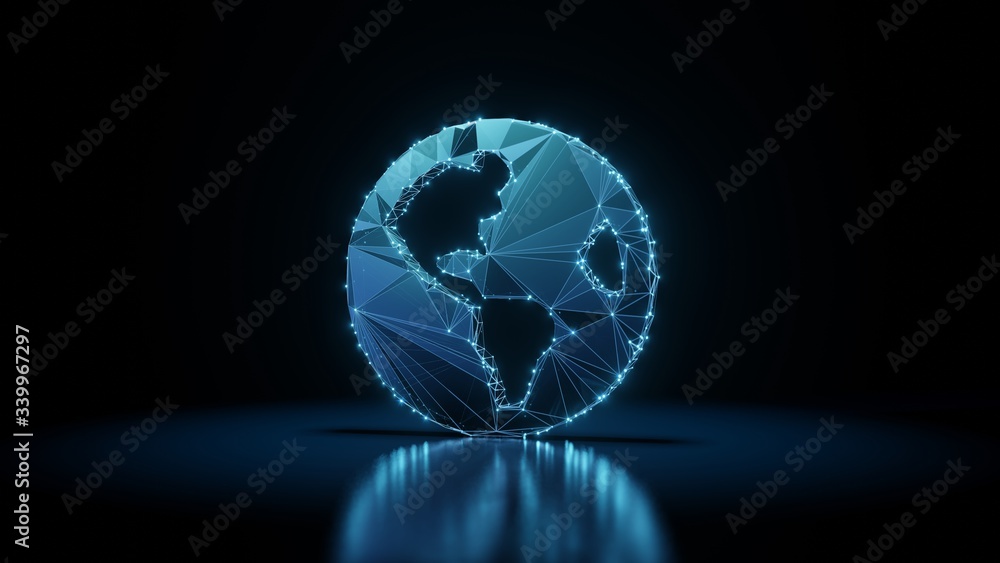 Poster 3d rendering wireframe neon glowing symbol of globe americas on black background with reflection