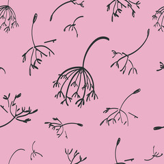 Decorative seamless pattern of elegant hand draw fennel or dill flowers on pink background