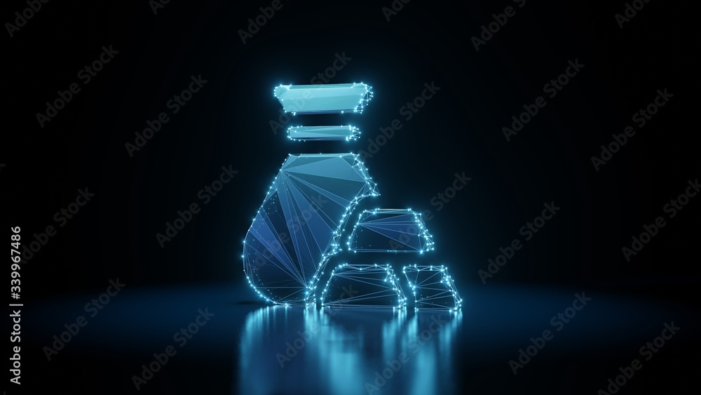 Poster 3d rendering wireframe neon glowing symbol of gold ingot on black background with reflection