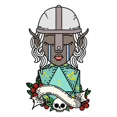 crying elf fighter character face with natural one D20 roll illustration
