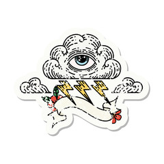 grunge sticker with banner of an all seeing eye cloud
