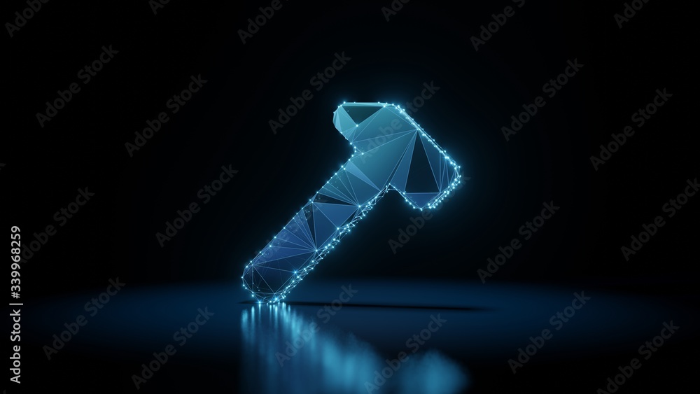 Aufkleber 3d rendering wireframe neon glowing symbol of hammer on black background with reflection