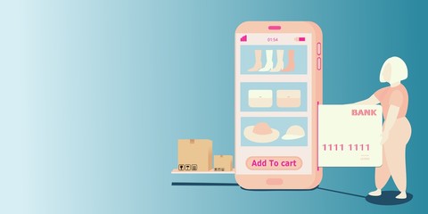 Obraz premium The mobile phone is showing the product on the screen. The customer is paying with the credit card. And there is a product box sliding out on the side of the phone.vector,illustration,web.